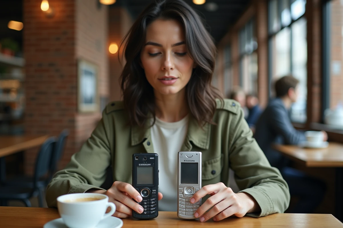 Comparaison de deux anciens modèles Sony Ericsson dans un café pour évaluer leur état avant achat
