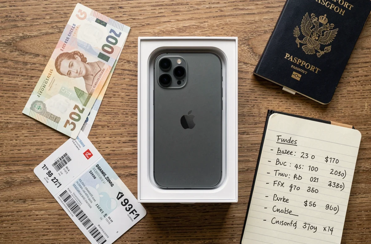 Vue du dessus d'un iPhone 14 dans sa boîte entouré de devises internationales, passeport et comparatif de prix manuscrit