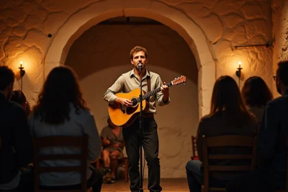Musicien jouant de la guitare acoustique dans une petite salle intimiste à Lyon avec murs en pierre apparente