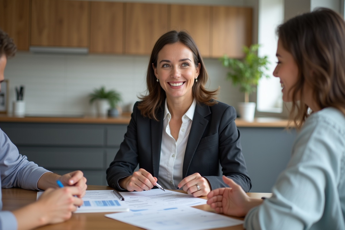 Consultante discute avec un couple sur une installation de pompe à chaleur