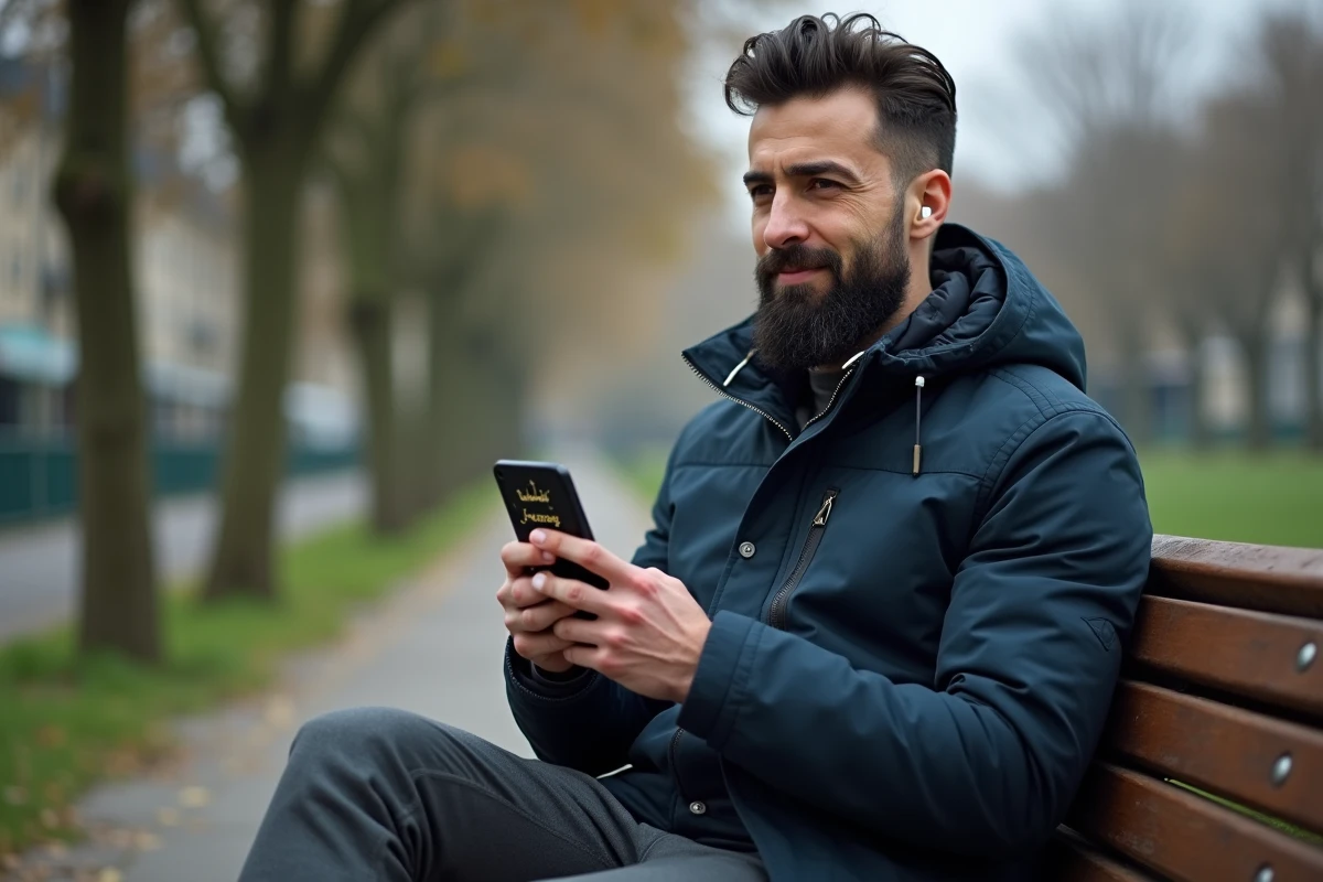 Homme consultant les horaires de prière islamique sur son téléphone dans un parc urbain en région parisienne