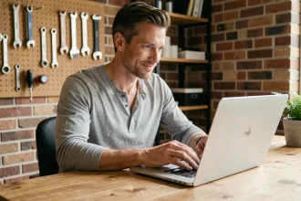 Homme en train d'envoyer un email à lelabdubricoleur depuis son bureau en bois dans un atelier home office
