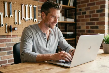 Homme en train d'envoyer un email à lelabdubricoleur depuis son bureau en bois dans un atelier home office
