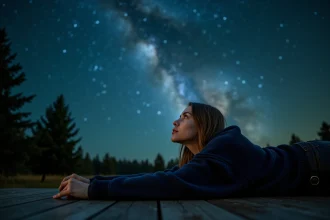 Jeune femme allongée sur une terrasse en bois contemplant le ciel étoilé et la Voie lactée lors d'une nuit d'automne