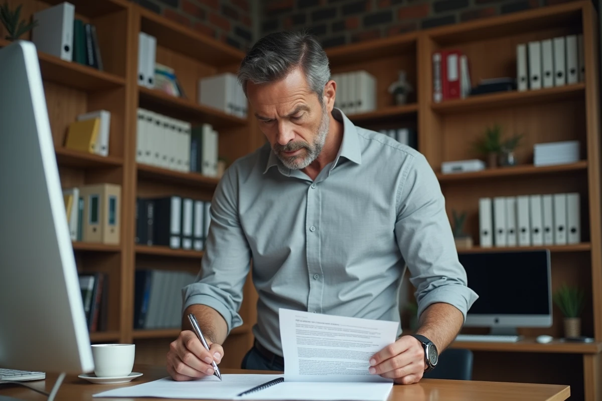 Homme d'affaires corrigeant un email professionnel en anglais avec un stylo sur une version imprimée