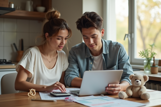 Jeune couple discutant finances avec bébé à la maison