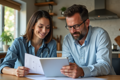 Couple d'adultes comparant des documents de santé dans une cuisine moderne