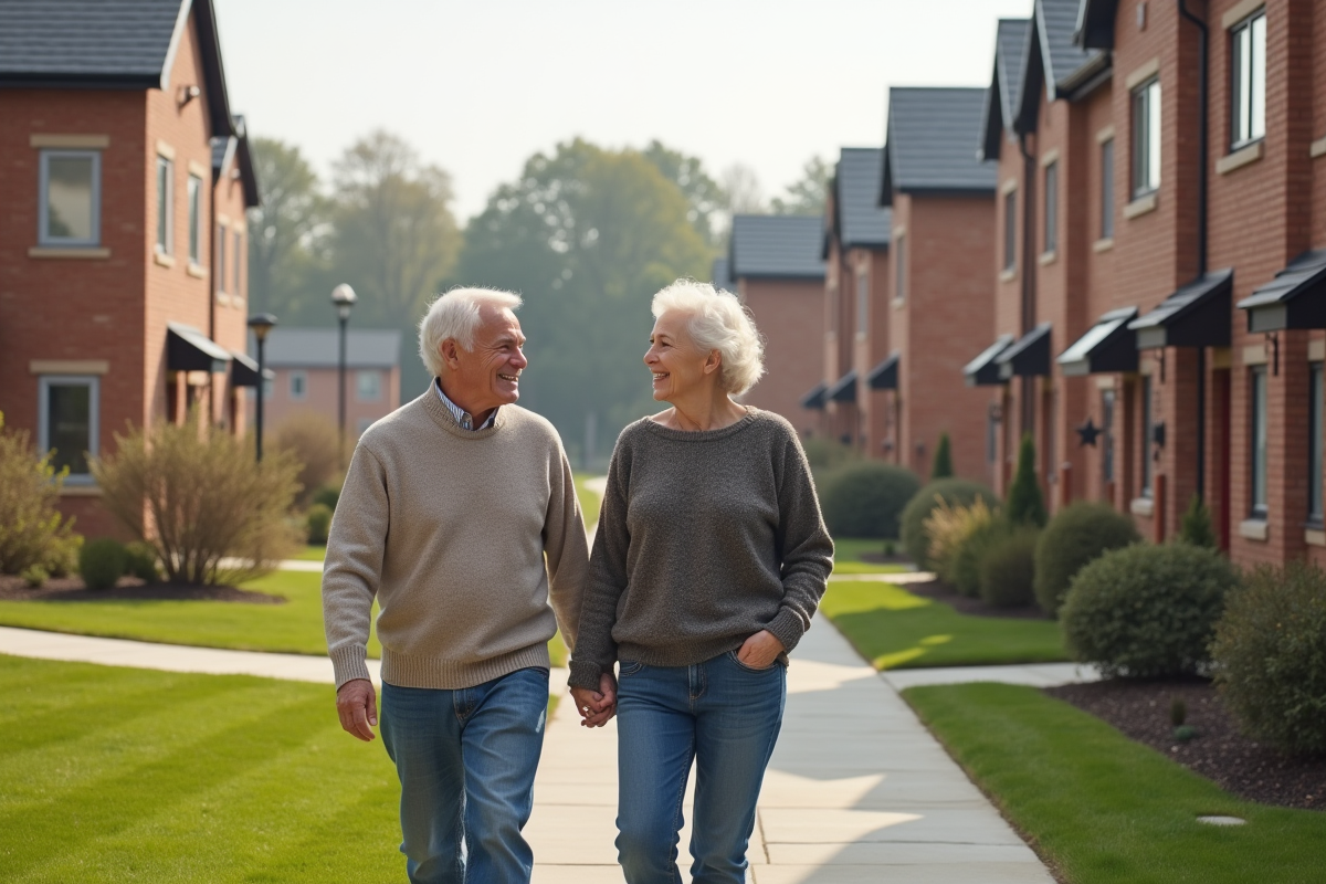 Couple d age moyen marchant dans un quartier résidentiel en construction
