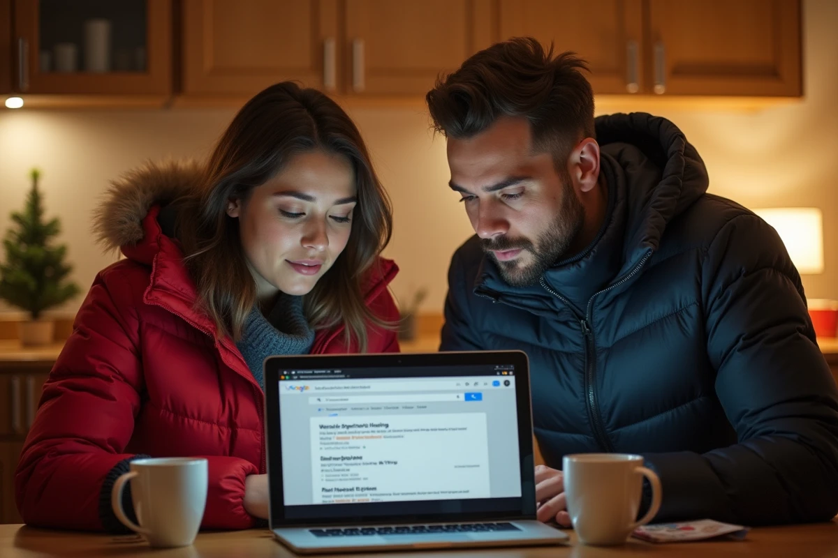 Couple recherchant sur internet les magasins ouverts le 25 décembre depuis leur cuisine le matin de Noël