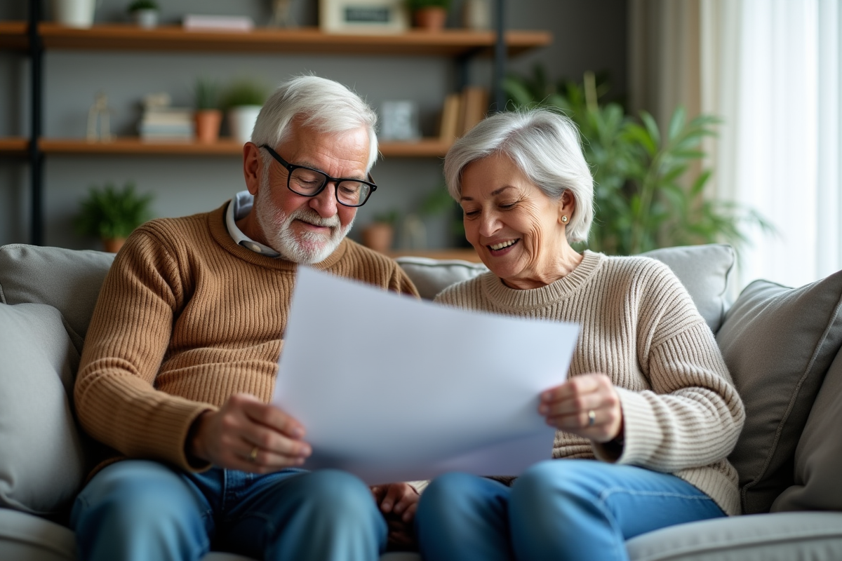 Couple de retraités discutant de documents dans le salon