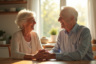 Couple senior souriant dans une cuisine lumineuse