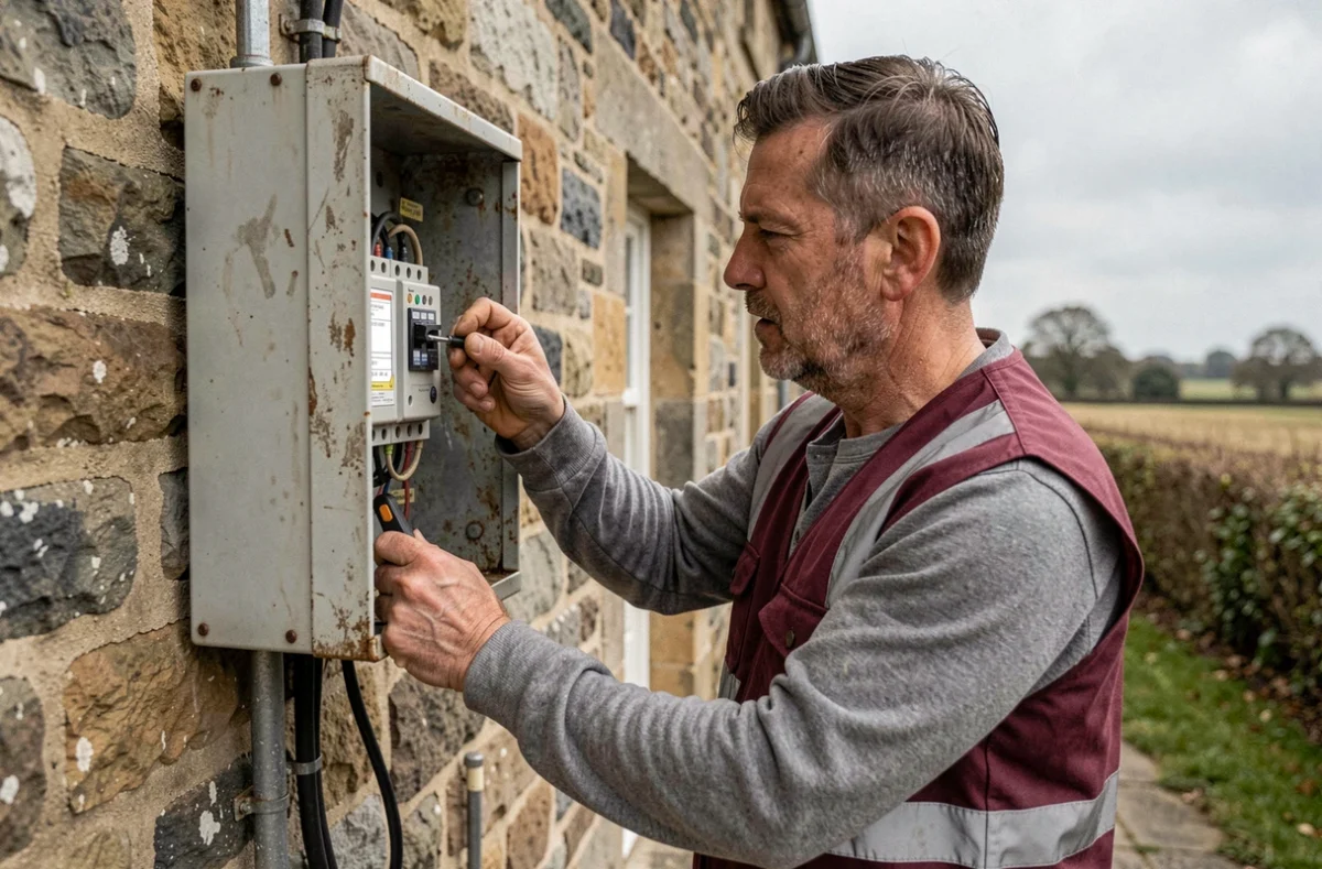 Électricien Courseaux fixant une armoire électrique extérieure sur la façade d'une ferme normande