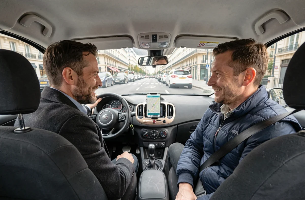 Deux hommes en covoiturage urbain dans une voiture traversant Paris pendant une grève RATP