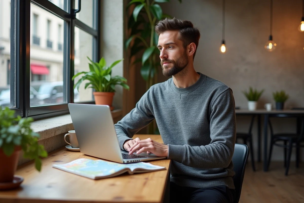 Homme travaillant dans un espace de coworking moderne proche d'une station de la ligne 6 à Paris