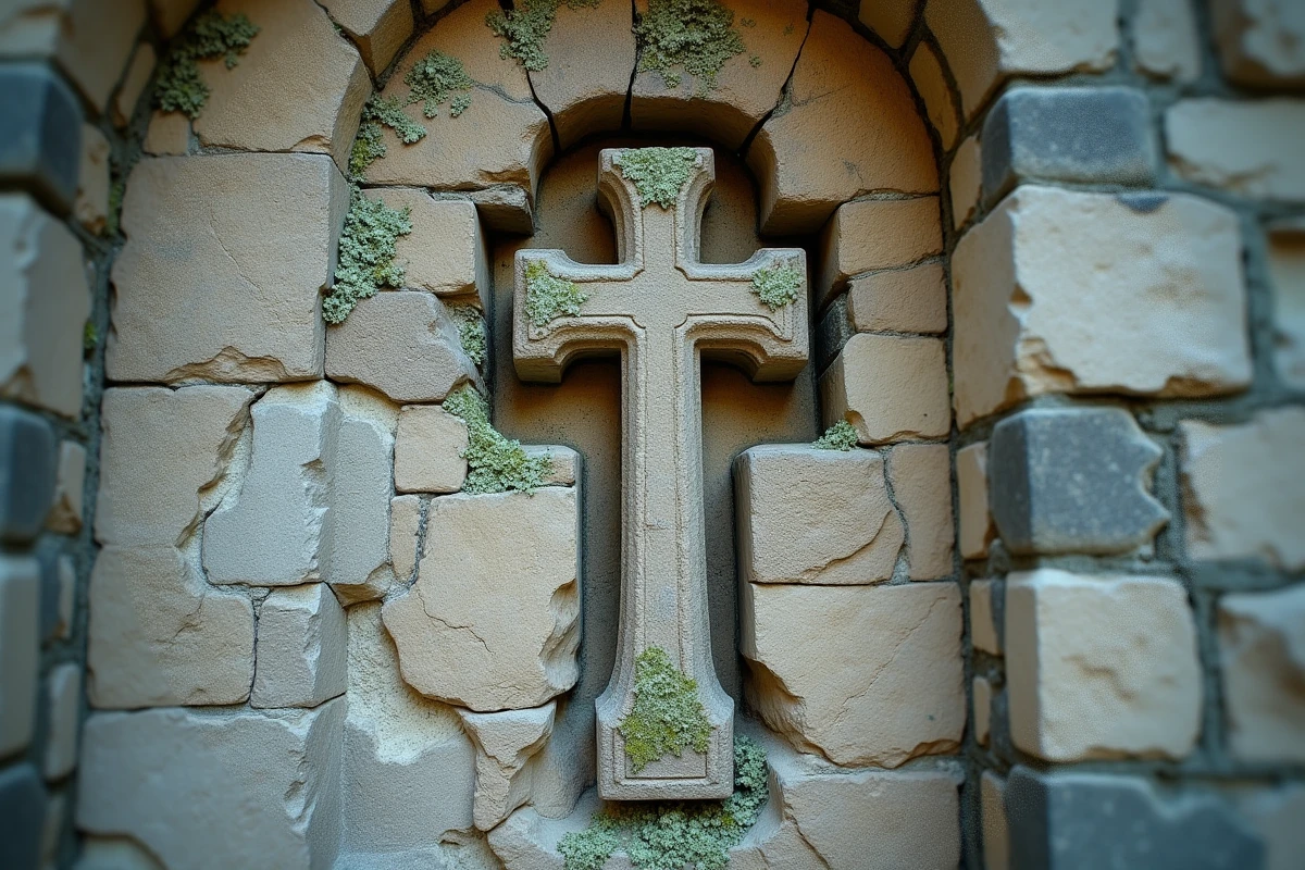 Croix templière sculptée sur un mur de pierre ancienne d'une chapelle médiévale, couverte de lichen, symbolisant l'héritage architectural de l'ordre du Temple