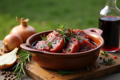 Table en plein air avec viande de sanglier marinée