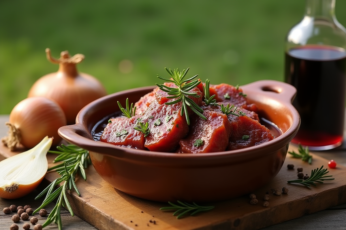 Table en plein air avec viande de sanglier marinée