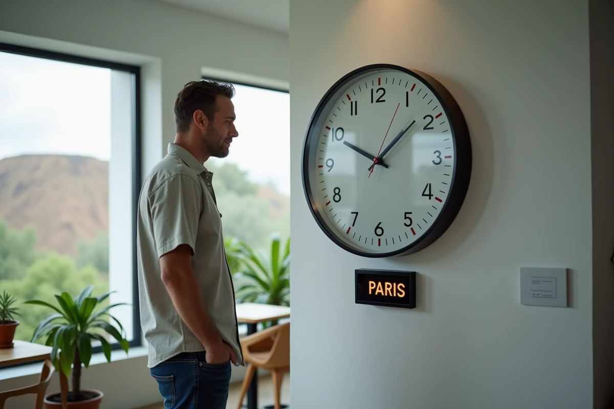 Homme comparant deux horloges murales dans un bureau moderne à La Réunion, illustrant le décalage horaire entre La Réunion et la France
