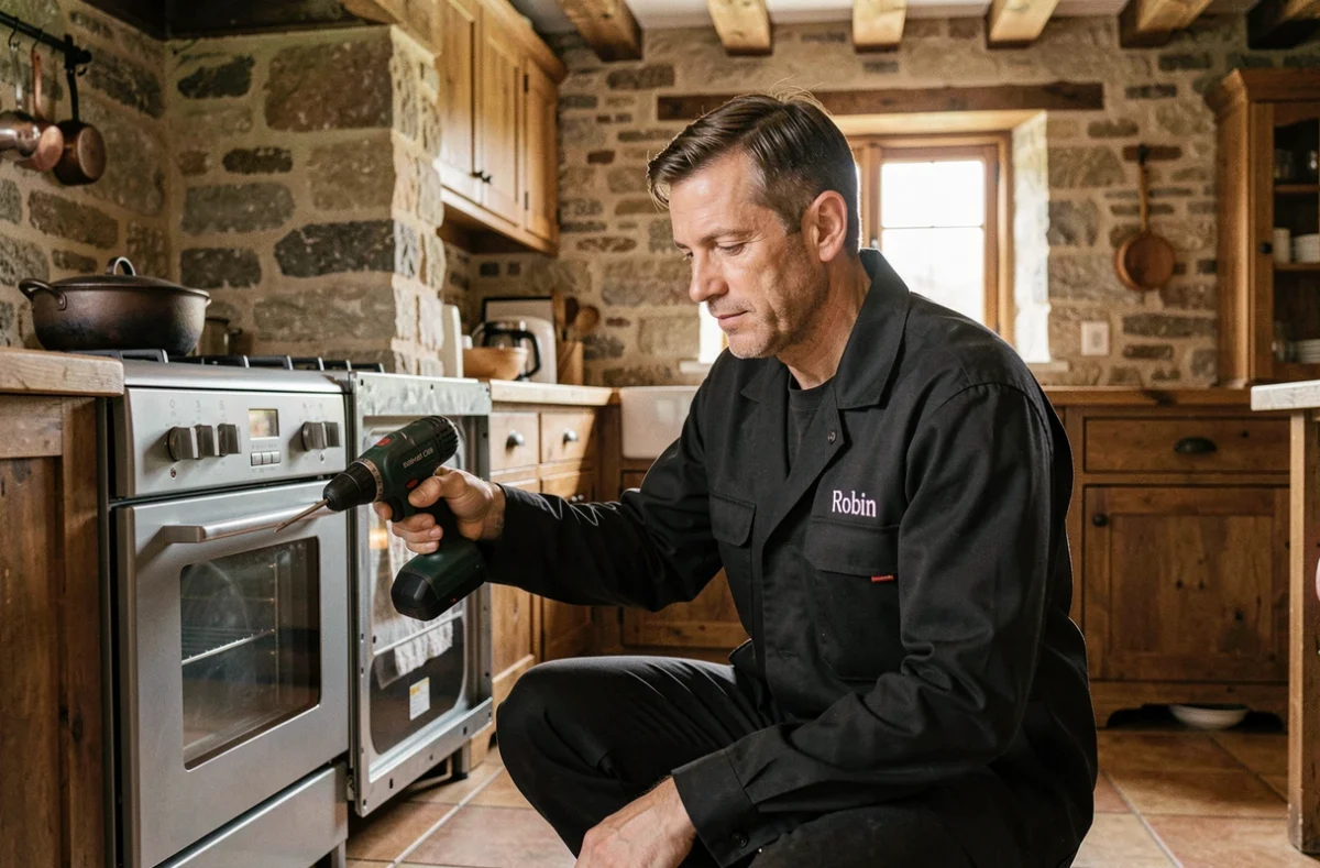 Robin, technicien de Dépan'Ménager Robin, réparant un four dans une cuisine de ferme du Loir-et-Cher