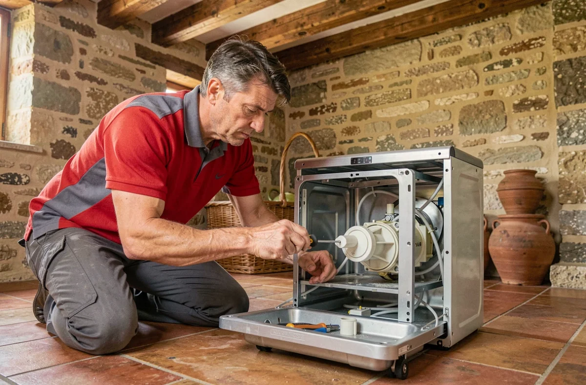 Technicien du service Dépannage Electroménager Services en intervention sur un lave-vaisselle dans une maison de Vernou-sur-Brenne