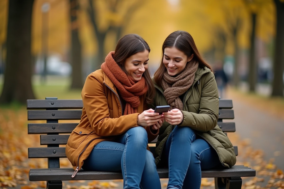 Deux femmes assises dans un parc en automne réagissant à une notification inattendue, symbolisant les coïncidences et signes que l'univers envoie des messages