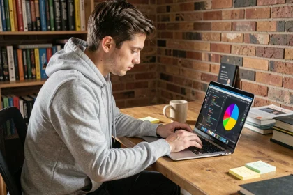 Développeur créant un jeu du demi-cercle en ligne sur son ordinateur portable dans un bureau à domicile