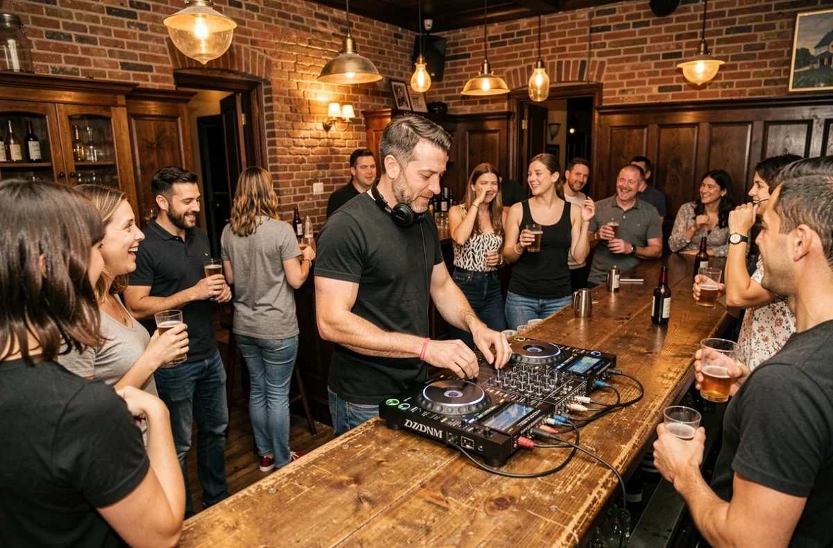 DJ Dohm en set dans un bar animé de Blois avec une ambiance conviviale autour de lui