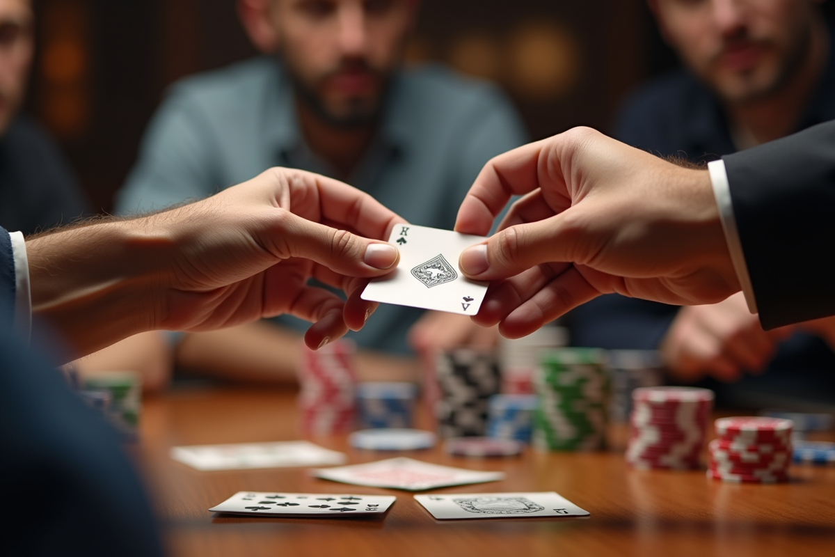 Deux mains échangeant une carte avec des jetons de poker sur la table
