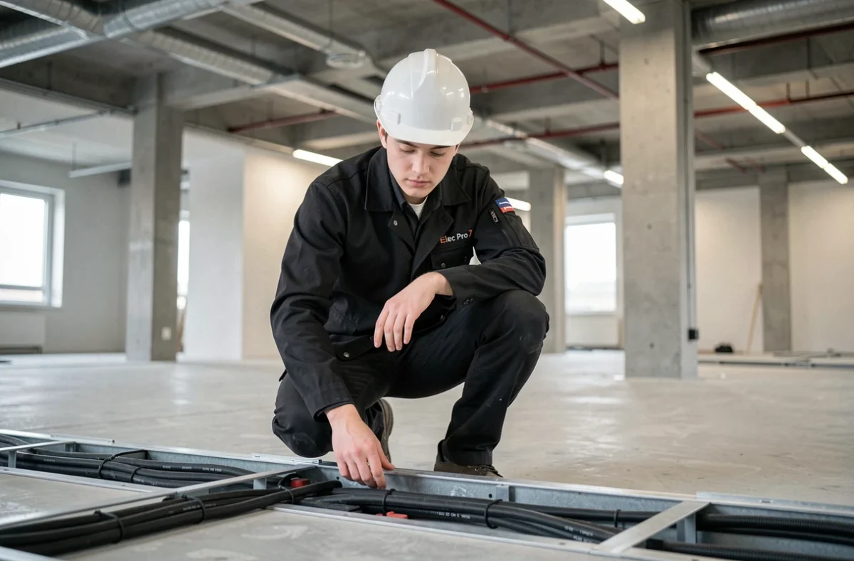 Électricien Elec Pro 76 travaillant sur un système de gestion de câbles dans un immeuble de bureaux à Rouen