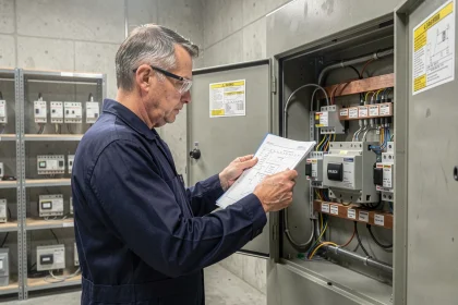 Électricien professionnel analysant un schéma de câblage devant un transformateur industriel 380V 220V dans un atelier