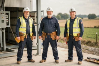 Équipe d'électriciens professionnels en Seine-Maritime devant un chantier d'installation électrique