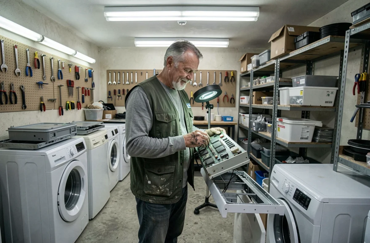 Atelier de réparation électroménager Elko Électroménagers à Tours avec technicien examinant des pièces détachées