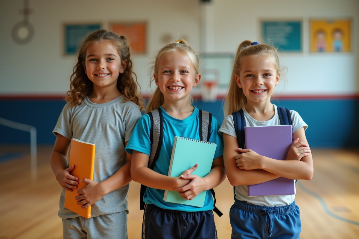 Trois enfants souriants dans un gymnase scolaire