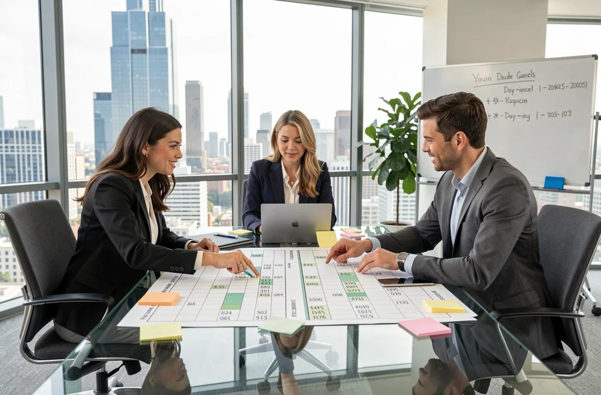Équipe professionnelle analysant un diagramme de Gantt avec les jours numérotés de l'année pour planifier des projets en salle de réunion