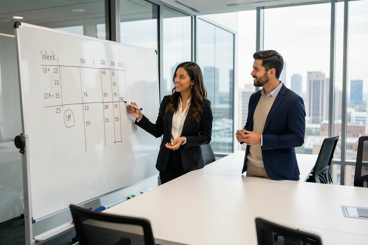 Équipe de professionnels planifiant leurs horaires de travail sur un tableau blanc avec un calendrier de semaines impaires dans une salle de réunion moderne en 2026