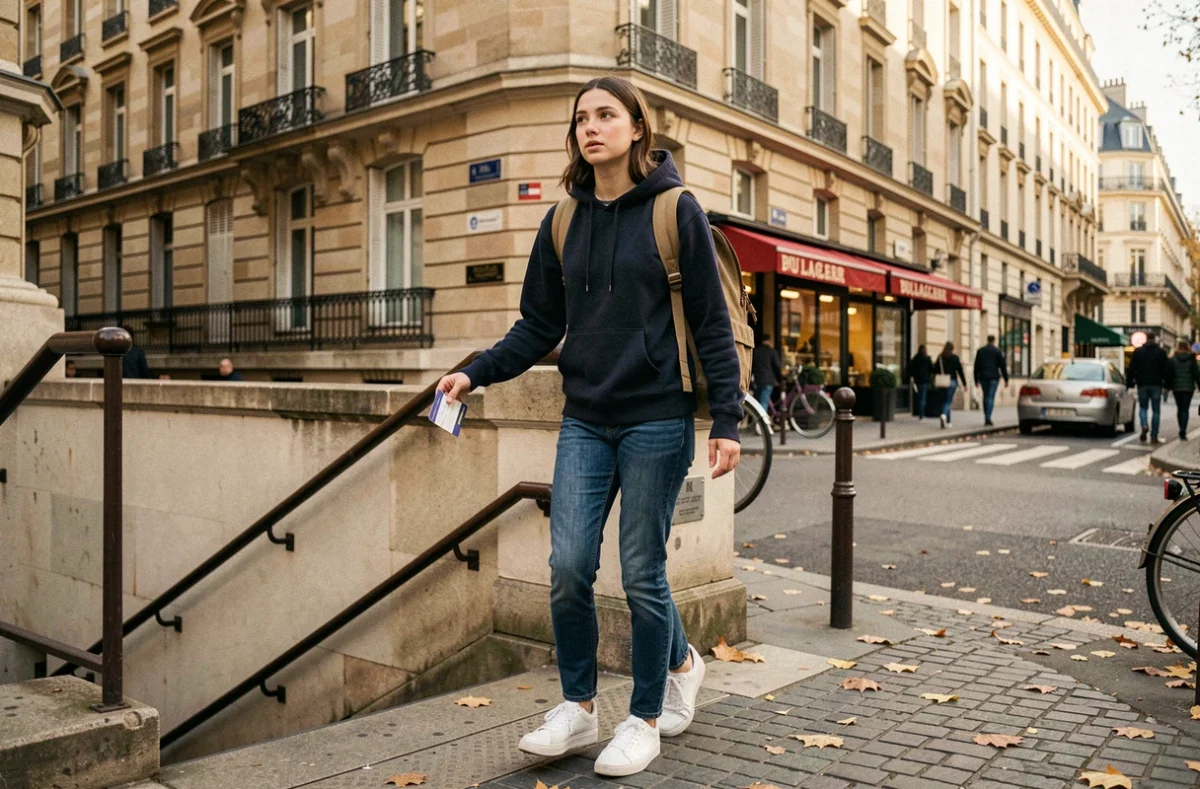 Une étudiante sort d'une station de la ligne 7 du métro parisien, symbolisant l'accessibilité aux universités et établissements scolaires grâce à cette ligne stratégique
