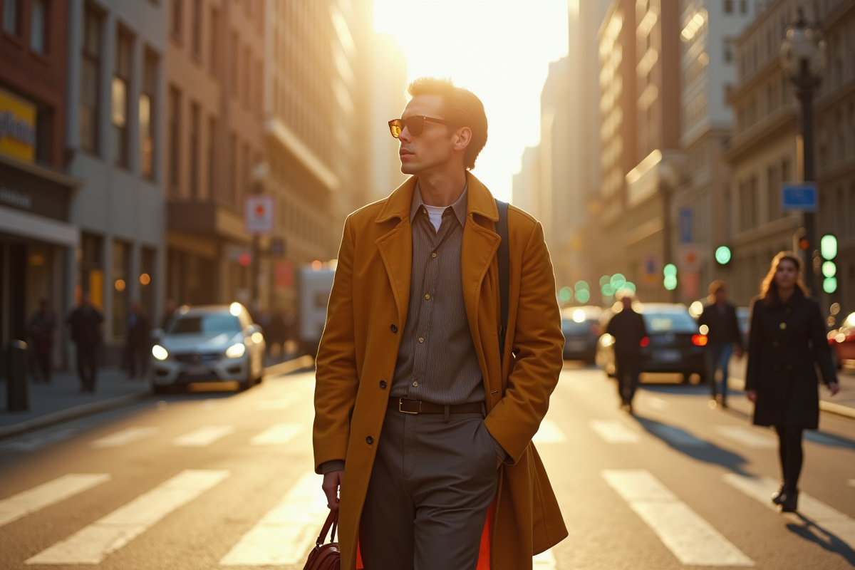 Expert en mode traversant une rue urbaine en tenue tendance