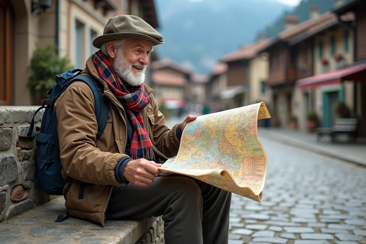 Homme âgé regardant une carte dans un village des Pyrénées