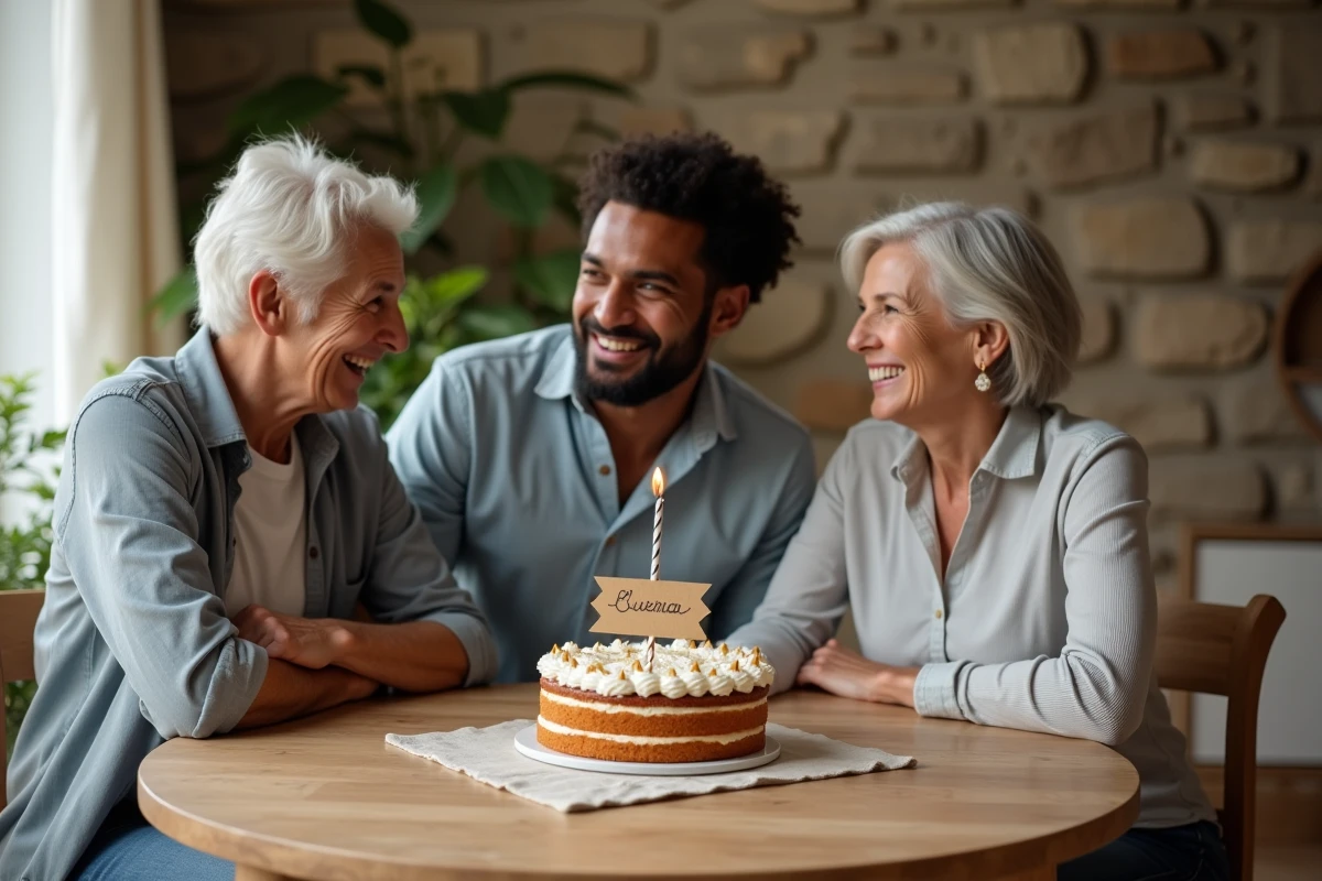 Famille réunie autour d'un gâteau fait maison pour célébrer la fête du prénom du jour dans une ambiance chaleureuse
