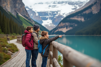 Famille souriante au bord d'un lac dans le parc Banff