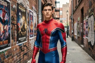 Fan déguisé en Spider-Man devant des affiches de films dans une ruelle urbaine, évoquant l'univers Spider-Verse