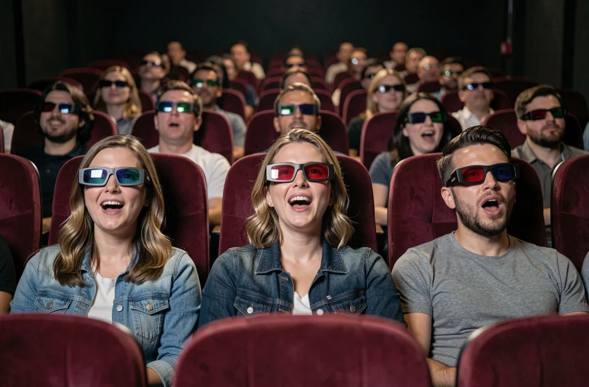 Groupe de fans portant des lunettes 3D dans une salle de cinéma regardant un film Spider-Man avec enthousiasme