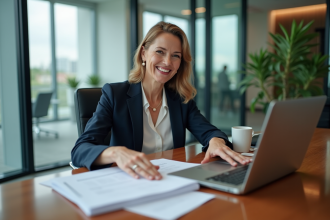 Femme d'affaires souriante tenant des documents immobiliers