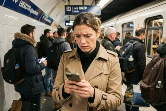 Femme consultant l'appli RATP en temps réel sur le quai d'une station de métro parisienne bondée lors d'une grève
