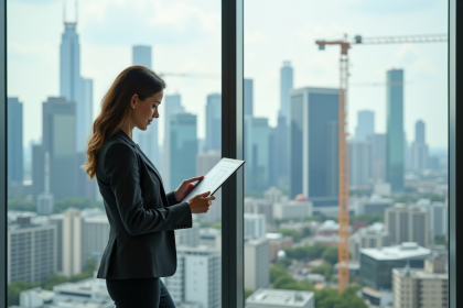 Femme professionnelle en bureau avec plans et skyline urbain