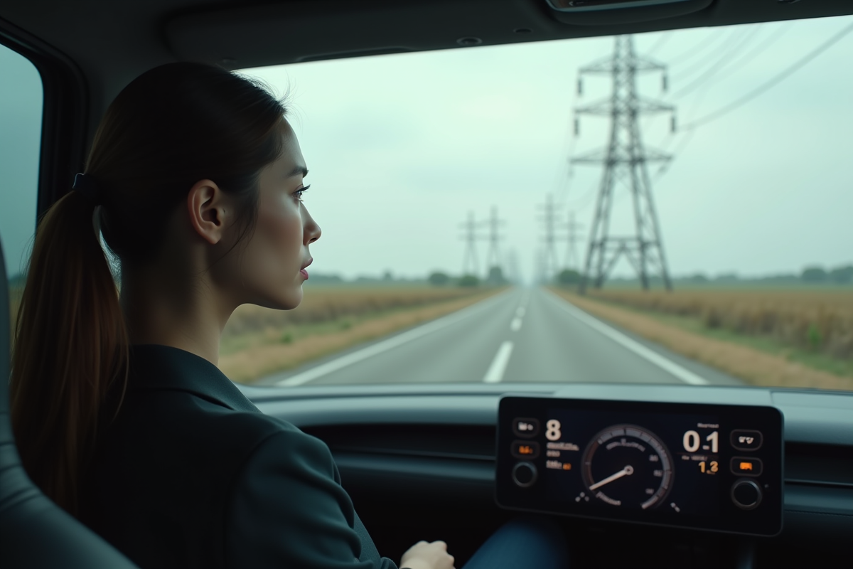 Jeune femme dans une voiture autonome en campagne