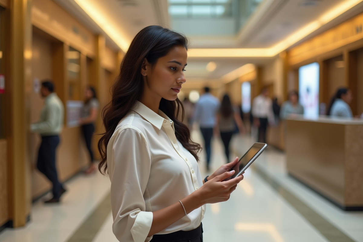 Jeune femme indienne avec tablette dans hall bancaire animé
