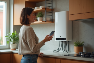 Femme examinant une batterie murale moderne dans la cuisine