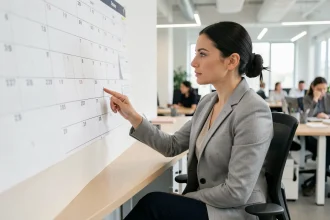 Femme professionnelle en bureau pointant une semaine impaire sur un calendrier mural pour organiser ses horaires de travail 2026
