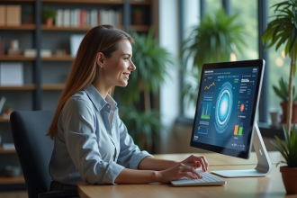Femme d affaires utilisant un écran tactile dans un bureau moderne
